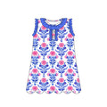 3.12 GSD3916 Preorder Blue Pink Flowers Print Sleeveless Girls Summer Scallop Knee Length Dress