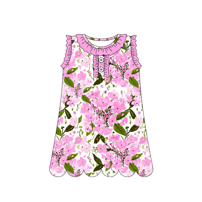 3.12 GSD3917 Preorder Pink Flowers Print Sleeveless Girls Summer Scallop Knee Length Dress