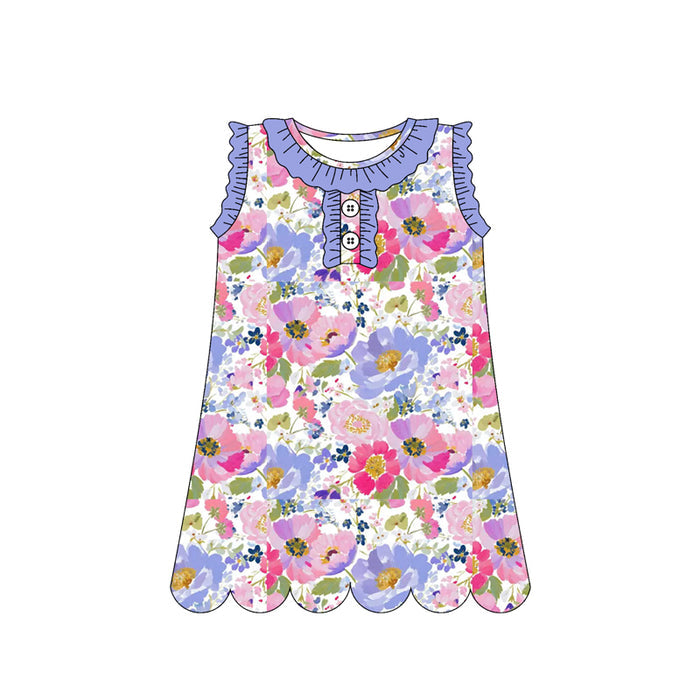 3.12 GSD3918 Preorder Purple Pink Flowers Print Sleeveless Girls Summer Scallop Knee Length Dress