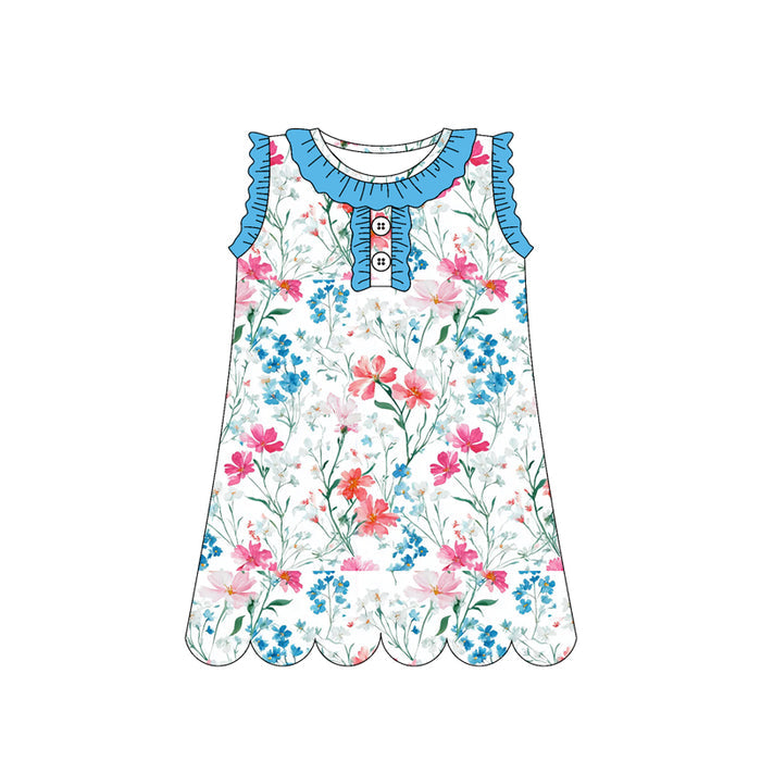 3.12 GSD3919 Preorder Blue Small Flowers Print Sleeveless Girls Summer Scallop Knee Length Dress