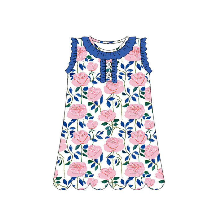 3.12 GSD3920 Preorder Pink Flowers Print Sleeveless Girls Summer Scallop Knee Length Dress