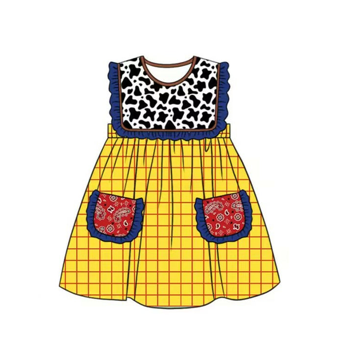 3.12 GSD3922 Preorder Cartoon Toy Cow Plaid Print Pockets Girls Summer Knee Length Dress