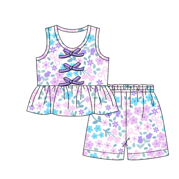 3.12 GSSO3589 Preorder Purple Flowers Bows Sleeveless Top Shorts Girls Summer Clothes Set