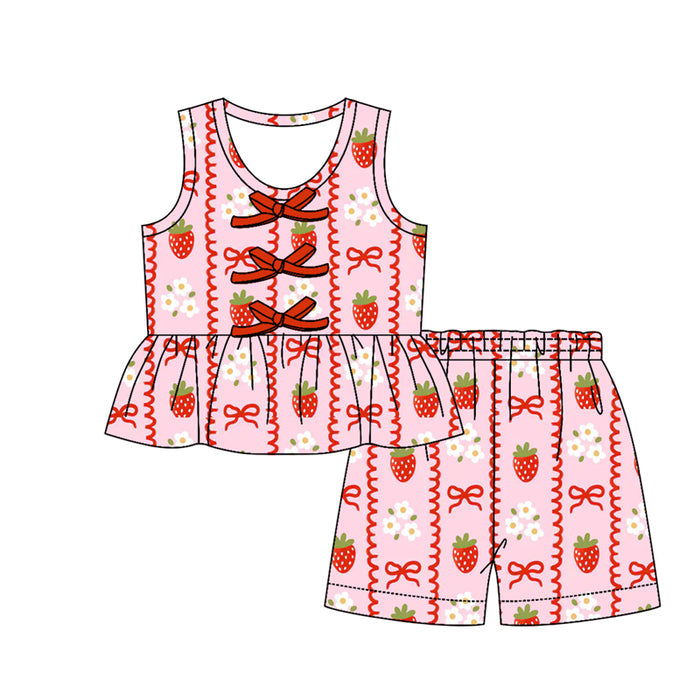 3.12 GSSO3590 Preorder Strawberry Flowers Bows Sleeveless Top Shorts Girls Summer Clothes Set