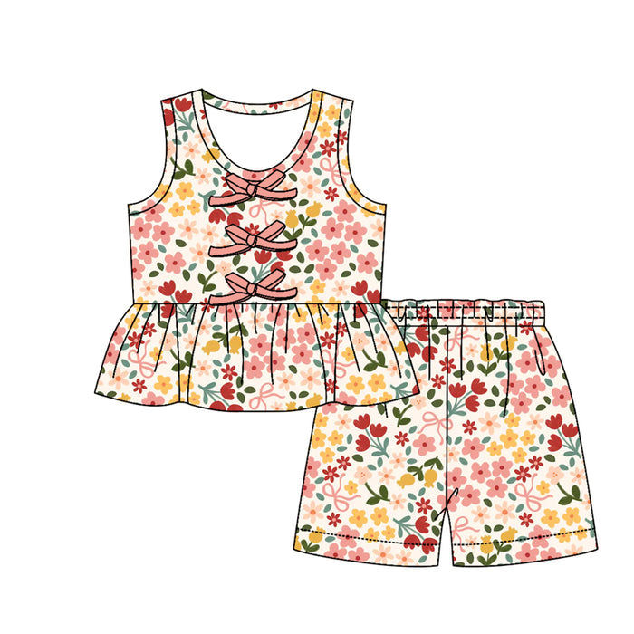 3.12 GSSO3591 Preorder Pink Flowers Bows Sleeveless Top Shorts Girls Summer Clothes Set