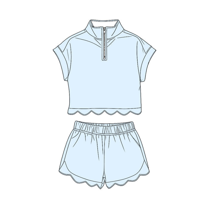 3.13 GSSO3595 Preorder Light Blue Cotton Zipper Top Shorts Girls Summer Scallop Clothes Set