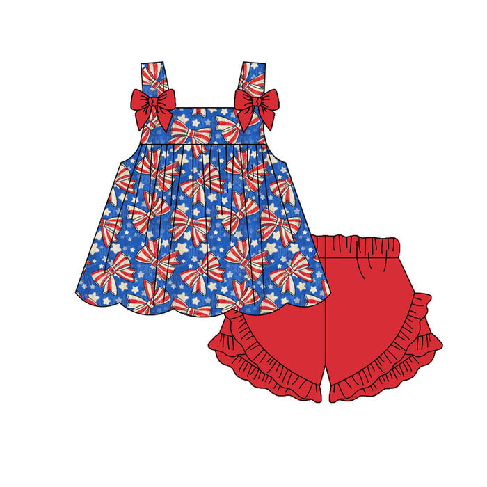 3.13 GSSO3596 Preorder Bows Stars Top Red Shorts Girls 4th of July Clothes Set