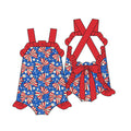 3.13 SR4116 Preorder Bows Stars Print Baby Girls 4th of July Romper