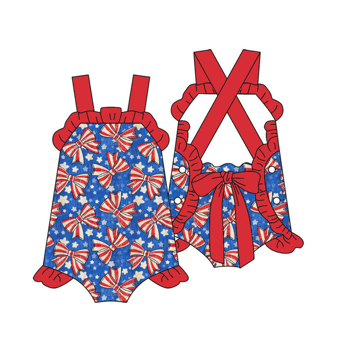 3.13 SR4116 Preorder Bows Stars Print Baby Girls 4th of July Romper