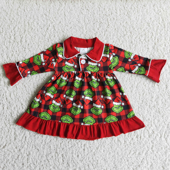 6 A1-28 Green Frog Checkered Print Girls Christmas Pajamas Gown Knee Length Dress
