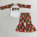 6 A10-15 Peace Love Green Frog Raglan Sleeve Top Checkered Bell Pans Girls Christmas Clothes Set