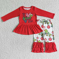 6 A10-27 Green Frog LOVE Red Top Ruffle Pants Girls Christmas Clothes Set