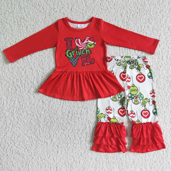 6 A10-27 Green Frog LOVE Red Top Ruffle Pants Girls Christmas Clothes Set