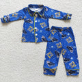 6 A11-19 Film Characters Train Blue Print Boys Buttons Christmas Pajamas Clothes Set