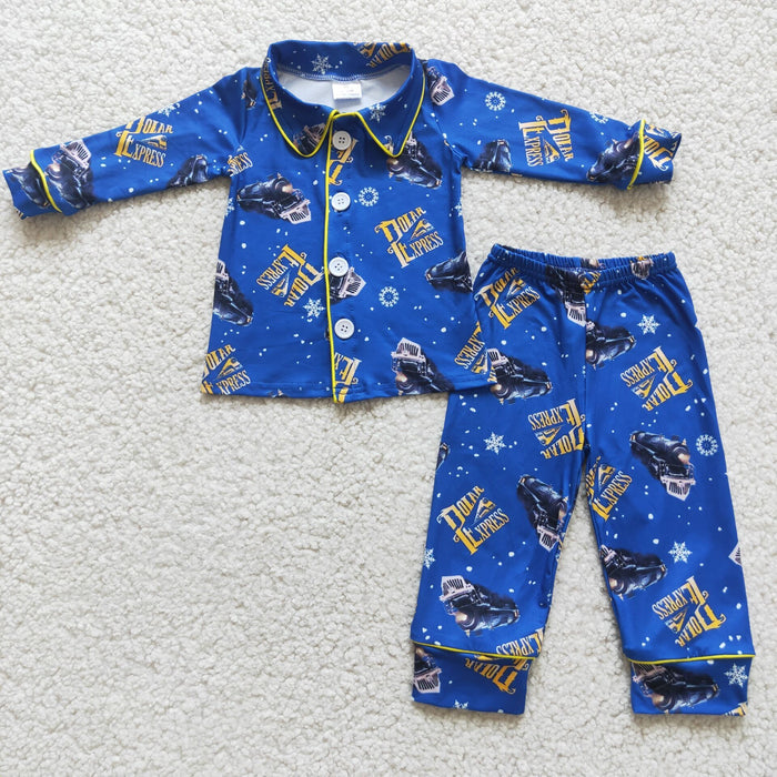 6 A11-19 Film Characters Train Blue Print Boys Buttons Christmas Pajamas Clothes Set
