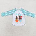 6 A13-11 Happy Fall Y'all Pumpkin Girls Blue Dots Raglan Sleeve Tee Shirts Top