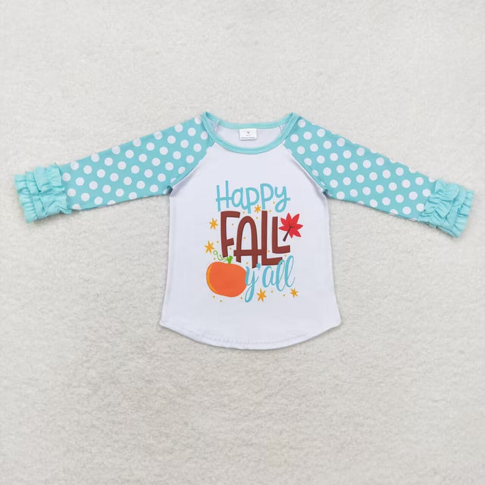 6 A13-11 Happy Fall Y'all Pumpkin Girls Blue Dots Raglan Sleeve Tee Shirts Top