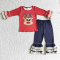 6 A14-27 Deer Red Top Navy Ruffles Pants Girls Christmas Clothes Set