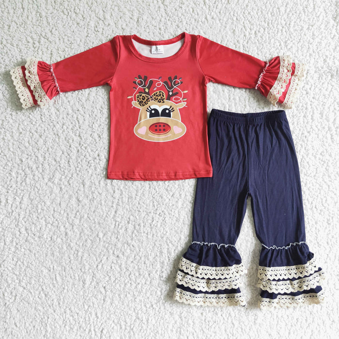 6 A14-27 Deer Red Top Navy Ruffles Pants Girls Christmas Clothes Set