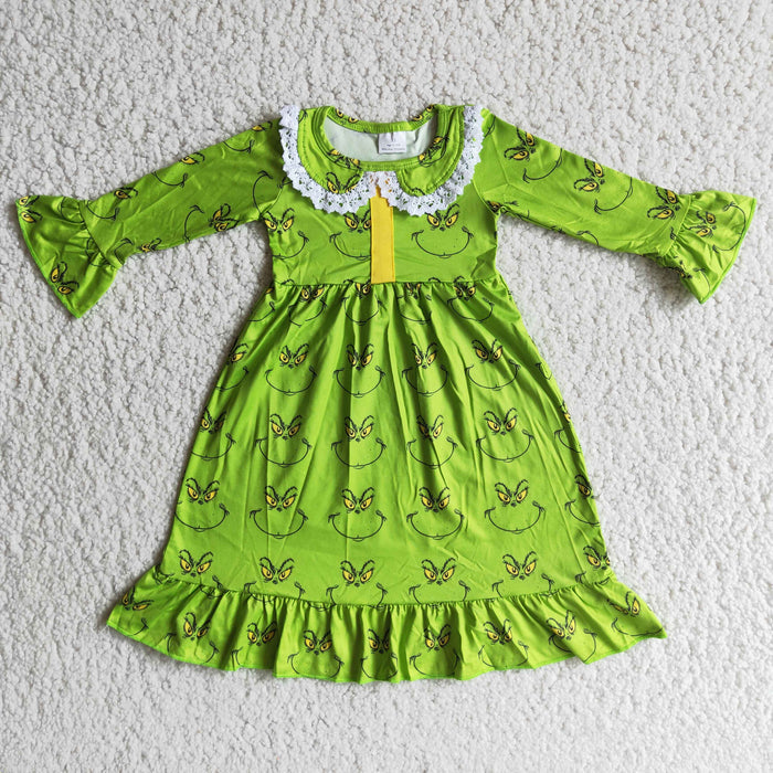 6 A14-30 Green Frog Smiling Print Girls Christmas Ankle Length Dress