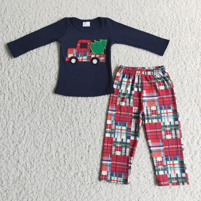 6 A16-15 Truck Tree Embroidery Navy Top Checkered Pants Boys Christmas Clothes Set