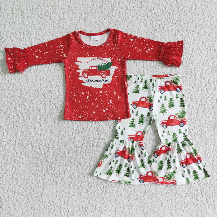 6 A17-29 Trees Truck Red Top Bell Pants Girls Christmas Clothes Set