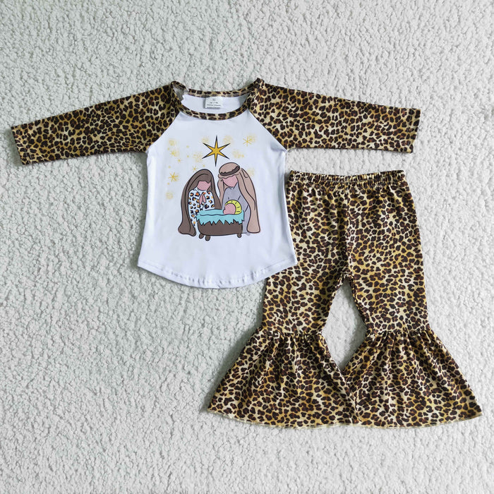 6 A18-11 Nativity Top Leopard Bell Pants Girls Christmas Clothes Set