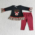 6 A18-27 Deer Embroidery Ruffle Top Checkered Pants Girls Christmas Clothes Set