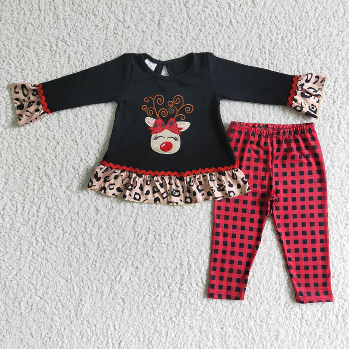 6 A18-27 Deer Embroidery Ruffle Top Checkered Pants Girls Christmas Clothes Set
