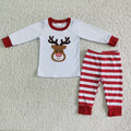 6 A18-28 Deer Embroidery White Top Stripes Pants Boys Christmas Clothes Set