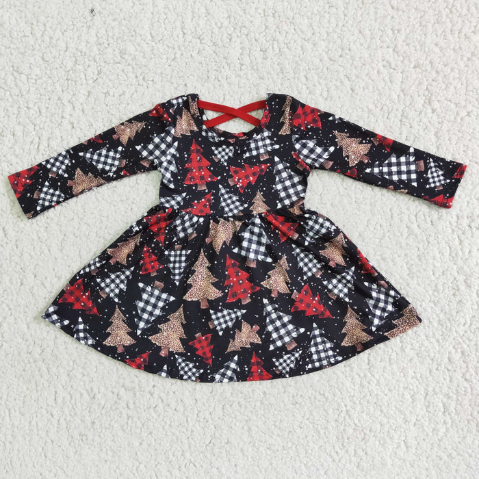 6 A19-3 Trees Print Girls Christmas Long Sleeve Knee Length Dress