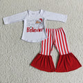 6 A19-30 Santa White Top Red Stripes Bell Pants Girls Christmas Clothes Set