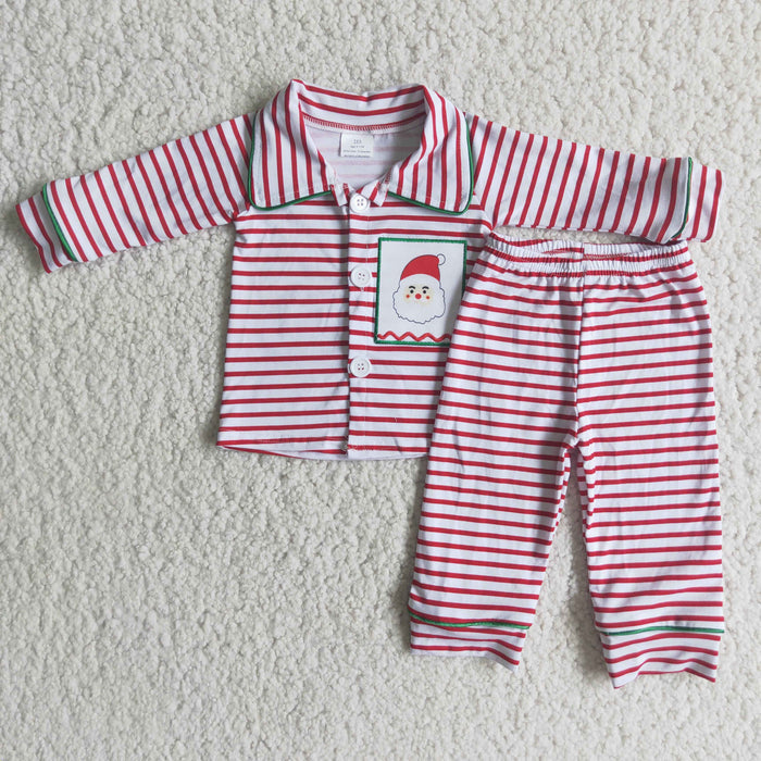 6 A2-20 Santa Embroidery Stripes Print Boys Christmas Buttons Pajamas Clothes Set