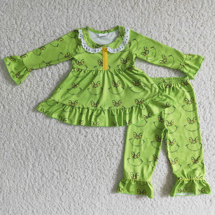 6 A20-15 Green Frog Smiling Ruffle Tunic Top Pants Girls Christmas Clothes Set