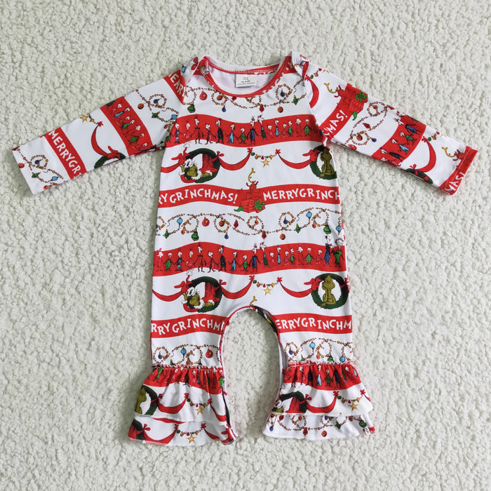 6 A22-1 Green Frog Print Baby Girls Christmas Ruffle Romper