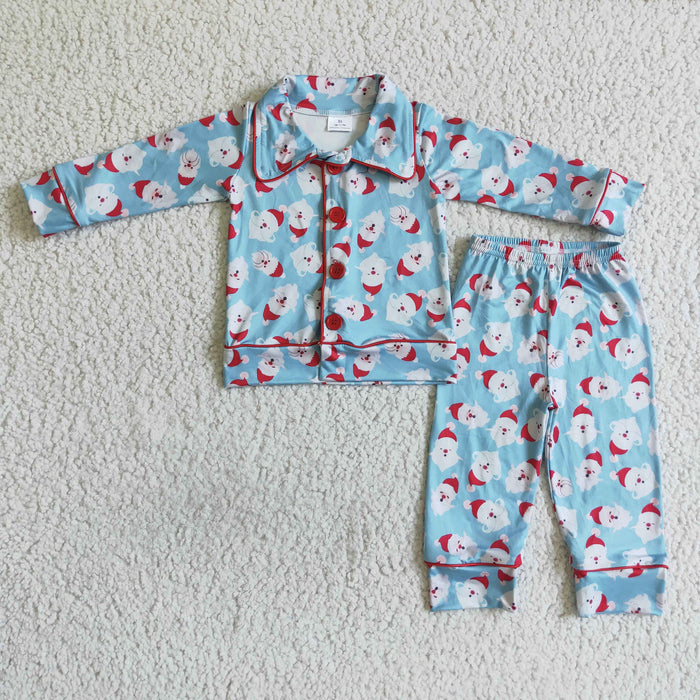 6 A22-17 Santa Blue Print Boys Christmas Buttons Pajamas Clothes Set