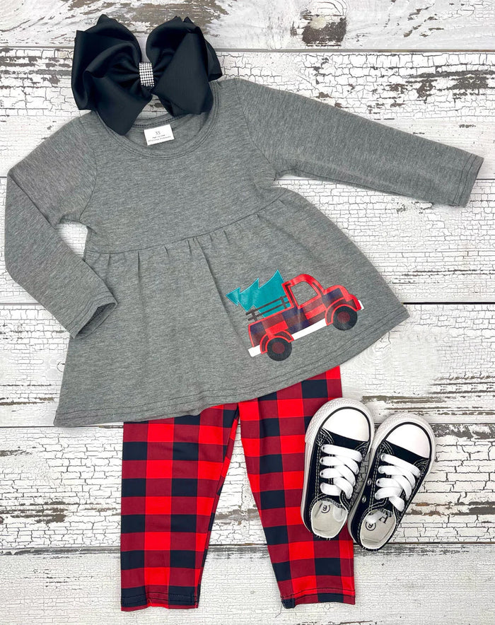 6 A22-20 Truck Tree Vinyl Grey Tunic Top Checkered Pants Girls Christmas Clothes Set