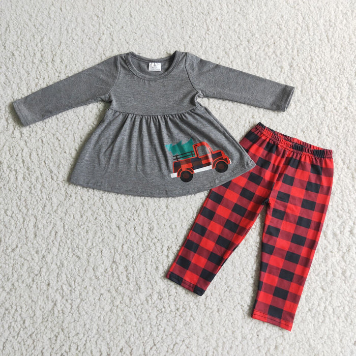 6 A22-20 Truck Tree Vinyl Grey Tunic Top Checkered Pants Girls Christmas Clothes Set