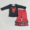 6 A22-26 Deer Black Top Red Dots Ruffle Pants Girls Christmas Clothes Set