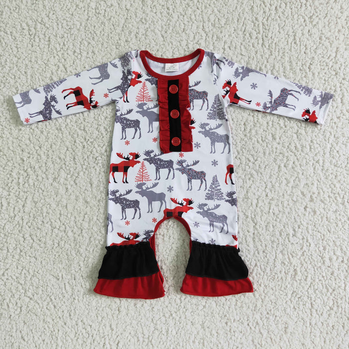 6 A22-9 Moose Print Baby Girls Christmas Ruffle Romper