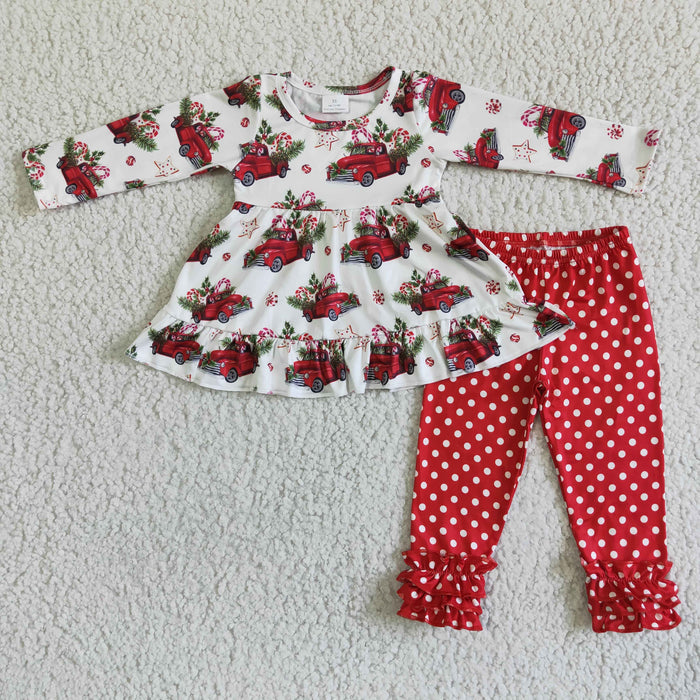 6 A23-15 Trucks Tree Candy Print Tunic Top Red Dots Pants Girls Christmas Clothes Set