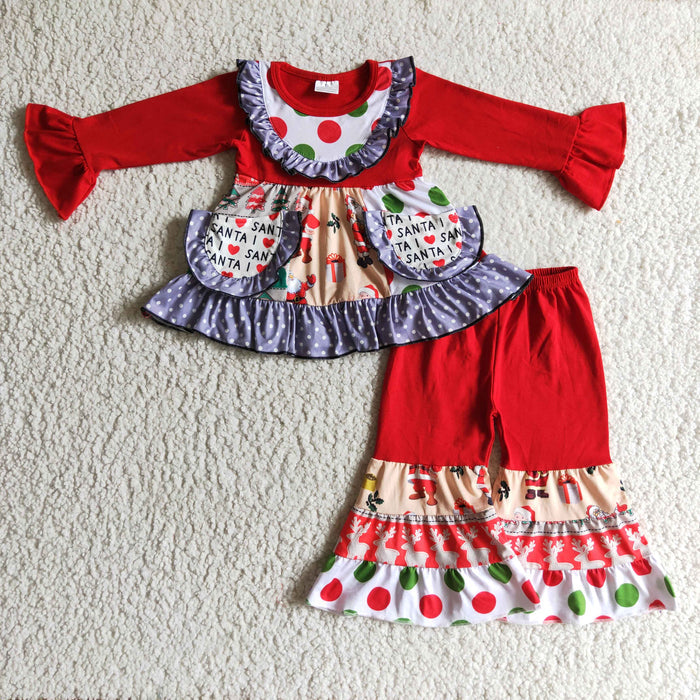 6 A24-13 Santa Pockets Tunic Top Bell Pants Girls Christmas Clothes Set