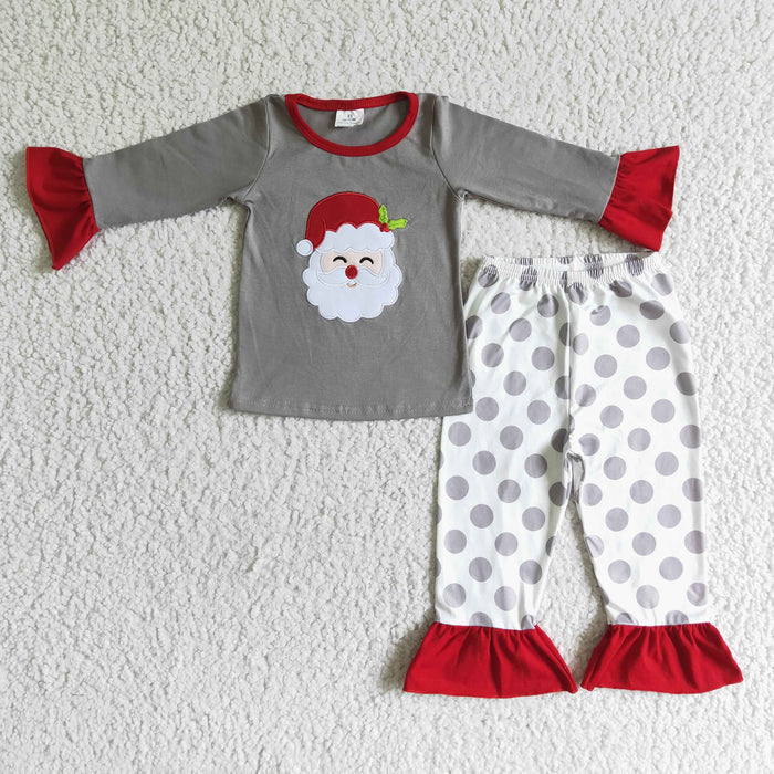 6 A24-14 Santa Embroidery Grey Top Dots Pants Girls Christmas Pajamas Clothes Set