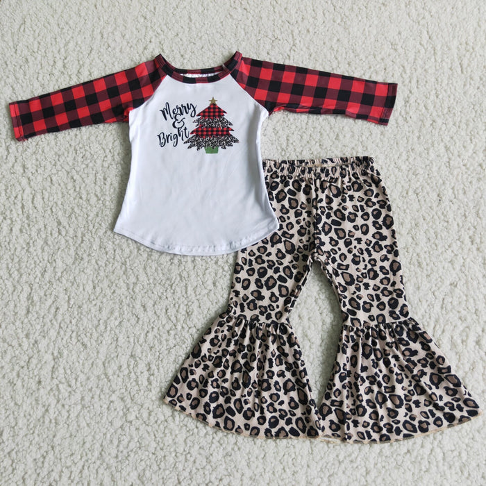 6 A25-13 Bright Tree Top Leopard Bell Pants Girls Christmas Clothes Set