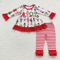 6 A27-1 Cartoon Girl Lights Candy Cane Tunic Top Stripes Pants Girls Christmas Clothes Set