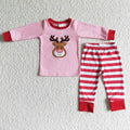 6 A27-12 Deer Embroidery Pink Top Stripes Pants Boys Christmas Clothes Set