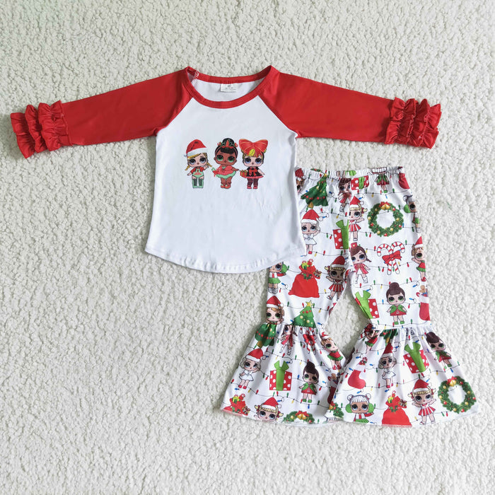 6 A29-21 Surprise Girl Print Long Sleeve Top Bell Pants Girls Christmas Clothes Set