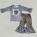 6 A3-5 Tree Grey Top Leopard Checkered Bell Pants Girls Christmas Clothes Set