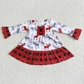 6 A30-11 Moose Print Girls Long Sleeve Ruffle Christmas Dress