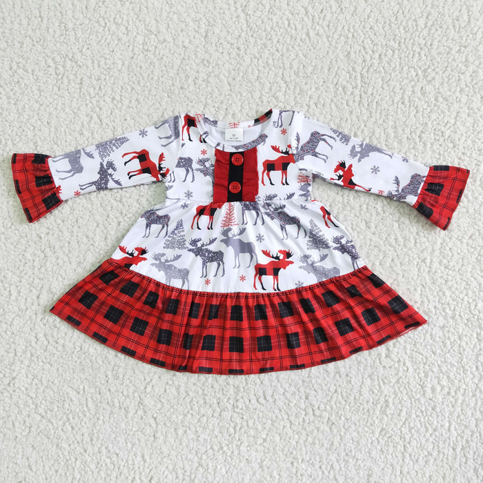 6 A30-11 Moose Print Girls Long Sleeve Ruffle Christmas Dress